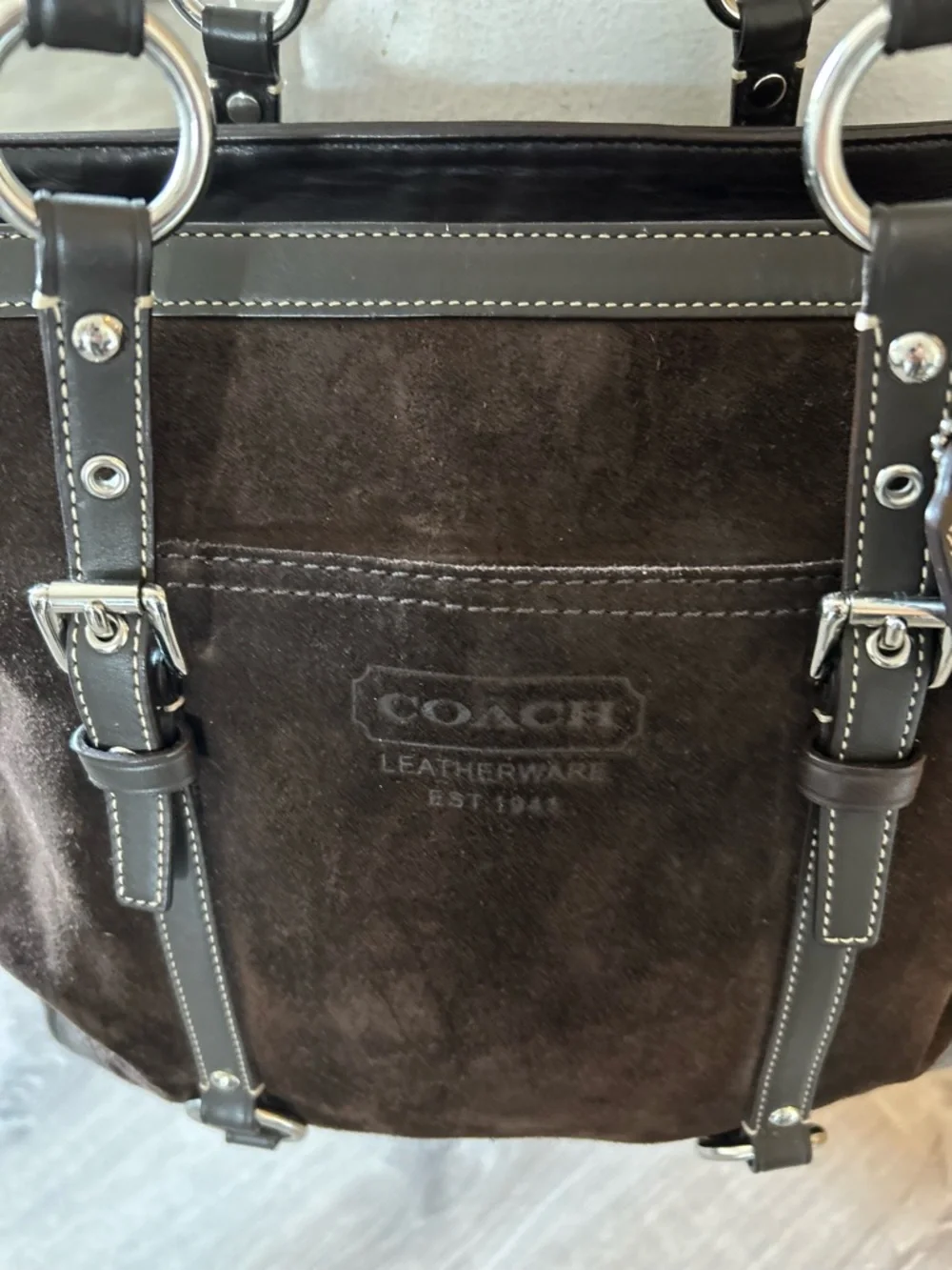 Coach Chocolate Brown Suede Tote with Leather Trim - Picture 3 of 14